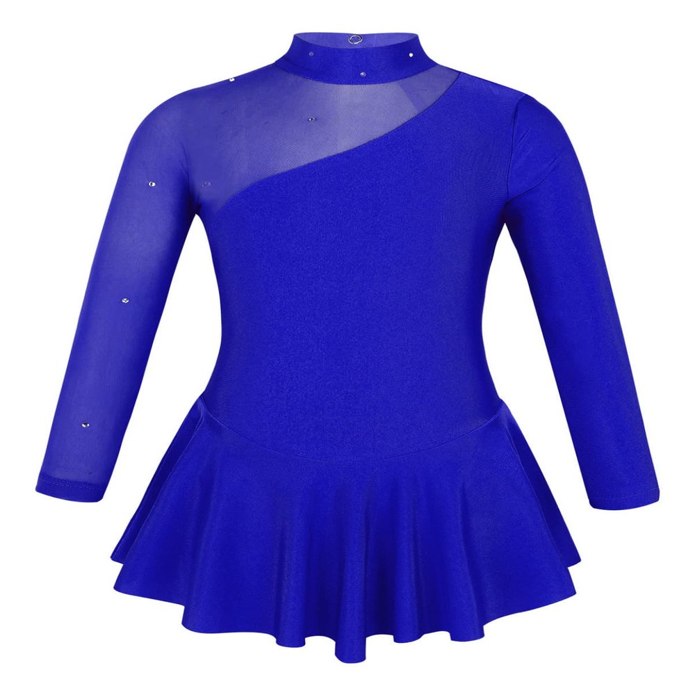 Loodgao Kids Girls Long Sleeve Figure Ice Skating Dance Dress Mesh Splice Gymnastics Leotard Dance Costume Royal Blue 8