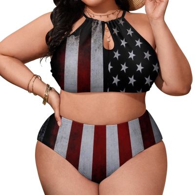 SEPTYK American Flag USA Pattern Women Sexy Bikini 2 PC Plus Size Swimsuits Hollow Out High Neck Bathing Suit 4XL
