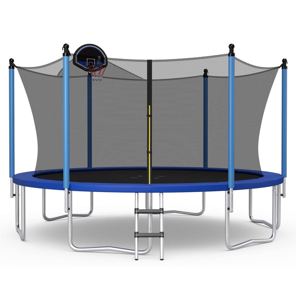 Giantex Trampoline with Basketball Hoop, 12 Ft Trampoline for Kids and Adults with Ladder, ASTM Approved Outdoor Large Recreational Trampoline with Net for Backyards, Park