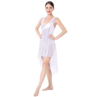 Lyrical Dance Costumes for Women Ballet Leotards Asymmetrical High Low Tulle Dress One-Piece Bodysuit Criss Cross Backless Shiny Sequin Sleeveless Modern Contemporary Dancewear White Flower M