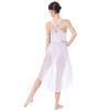 Lyrical Dance Costumes for Women Ballet Leotards Asymmetrical High Low Tulle Dress One-Piece Bodysuit Criss Cross Backless Shiny Sequin Sleeveless Modern Contemporary Dancewear White Flower M view 3