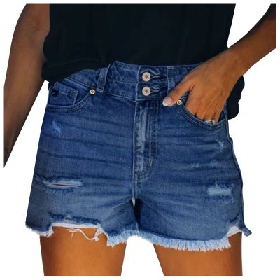 Distressed Jean Shorts Women's Ripped Denim Shorts Button Fly High Waist Summer Hot Raw Hem Casual Shorts w Pockets