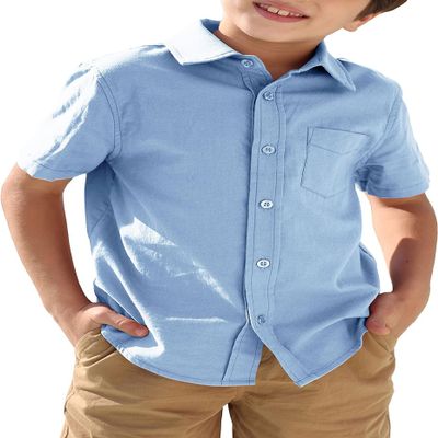 Boys Button Down Dress Shirt Short Sleeve Casual Cotton Solid Tops Uniform T-Shirt for Kids 4-13 Years