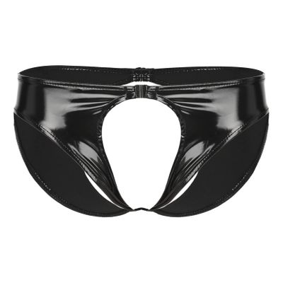 ACSUSS Men's Crotchless Underwear Briefs Shiny PVC Leather Latex Lingerie Panties Club Black X-Large