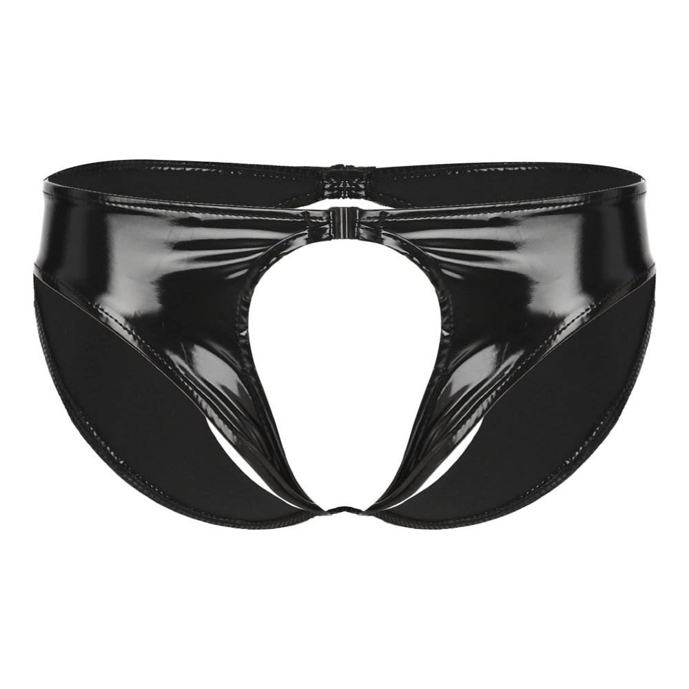 ACSUSS Men's Crotchless Underwear Briefs Shiny PVC Leather Latex Lingerie Panties Club Black X-Large