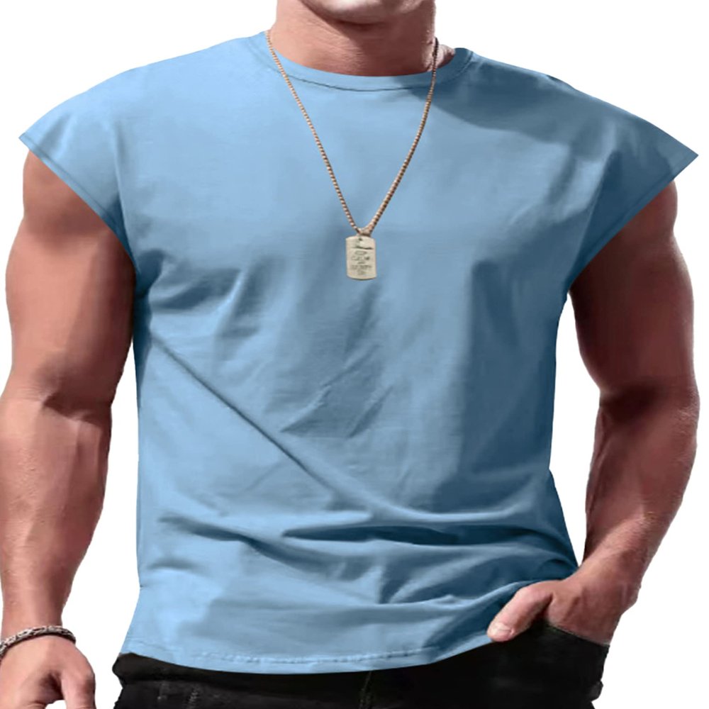 Freebily Mens Mock Sleeveless T Shirt Turtleneck Pullover Thermal Tank Tops Solid Undershirt Slim Fitted Light Blue A XX-Large