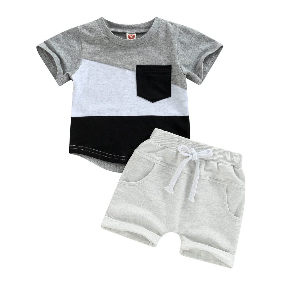 allshope Toddler Baby Boy Summer Outfit Short Sleeve T Shirt Top Casual Shorts Set Infant Newborn Clothes 6 12 18 24 Month 2T (Contrast Light Gray, 6-12 Months)