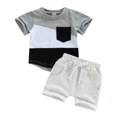 allshope Toddler Baby Boy Summer Outfit Short Sleeve T Shirt Top Casual Shorts Set Infant Newborn Clothes 6 12 18 24 Month 2T (Contrast Light Gray, 12-18 Months)