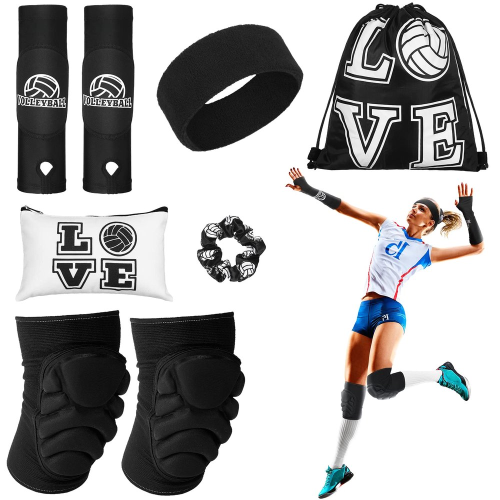 Vabean 8 Pcs Volleyball Accessories,Include Volleyball Arm Sleeves Knee Pads Sport Hair Scrunchies Sweat Band Drawstring Bag Cosmetic Bag Wrist Guard Knee Brace(Medium,Black)