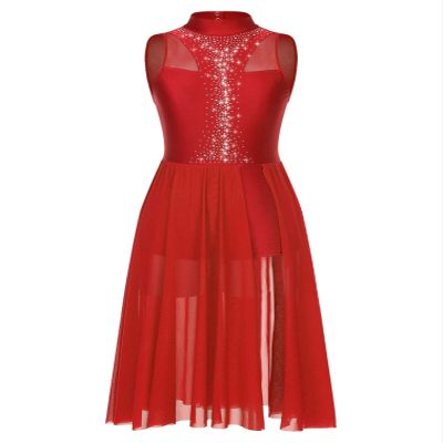 Vxuxlje Women's Lyrical Dance Costume Turtle Neck Sheer Mesh Patchwork Rhinestone Maxi Long Dress Red Large