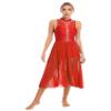 Vxuxlje Women's Lyrical Dance Costume Turtle Neck Sheer Mesh Patchwork Rhinestone Maxi Long Dress Red Large view 3