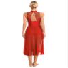 Vxuxlje Women's Lyrical Dance Costume Turtle Neck Sheer Mesh Patchwork Rhinestone Maxi Long Dress Red Large view 4