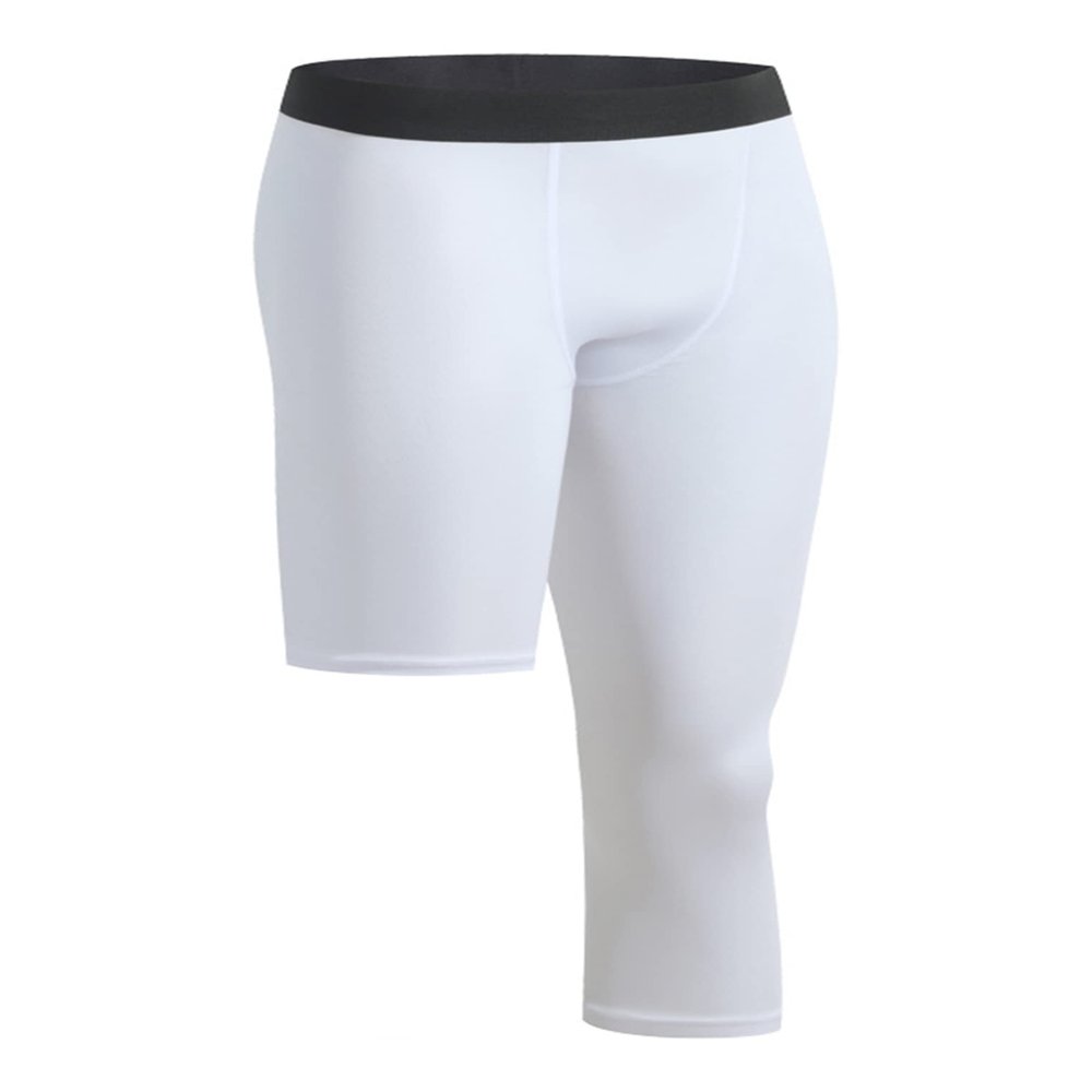 Kaerm Mens Single Leg 3/4 Compression Capri Tights One Leg Unisex Sports Compression Pants Athletic Base Layer Leggings Left long White Medium