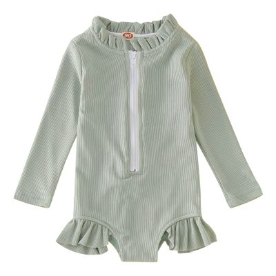 Summer Toddler Girls Long Sleeve Solid Color Ruffles 1 Piece Swimwear Beach Onesie Swimsuit (Mint Green, 12-18 Months)