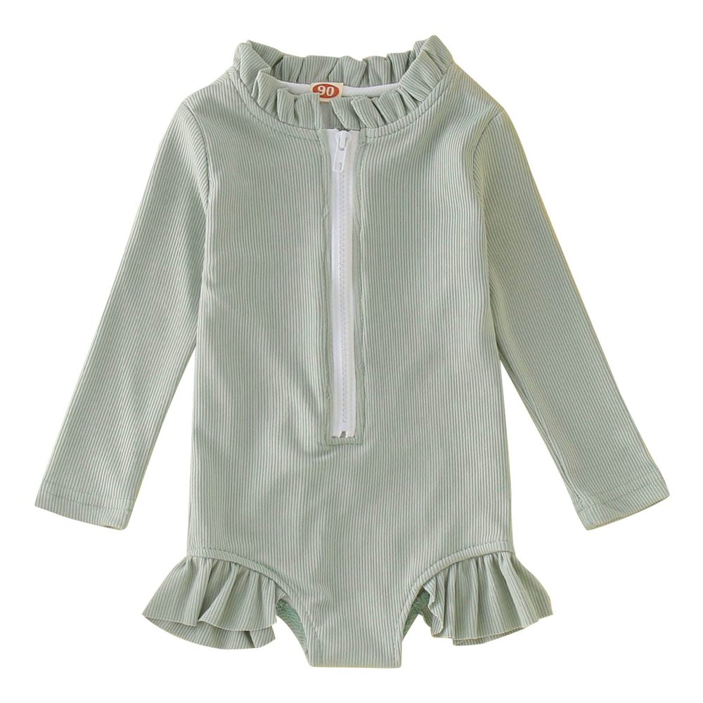 Summer Toddler Girls Long Sleeve Solid Color Ruffles 1 Piece Swimwear Beach Onesie Swimsuit (Mint Green, 12-18 Months)