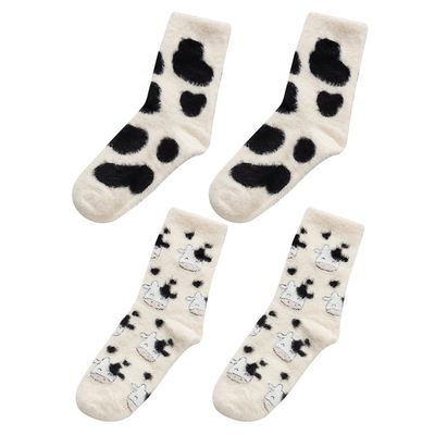 2 Pairs Cute Fluffy Fuzzy Cow Socks for Women, Winter Warmth and Comfort Cute Cartoon Socks