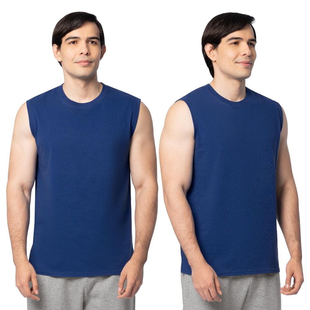 Fruit of The Loom Men's Eversoft Cotton Sleeveless T Shirts, Breathable & Moisture Wicking with Odor Control, Sizes S-4X, Muscle-2 Pack-Blue, Large