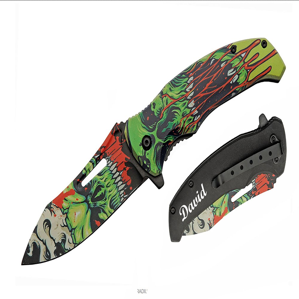 GIFTS INFINITY Customized Engraved Pocket Folding Knife - Groomsmen Wedding Party Monogrammed (RADIUM SKULL)