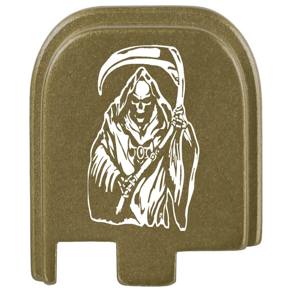 NDZ Performance Slide Cover Back Plate for Glock 43 43X 48, 9mm, Laser Engraved Anodized Aluminum in Olive Drab Green, Made in The USA - Grim Reaper 1