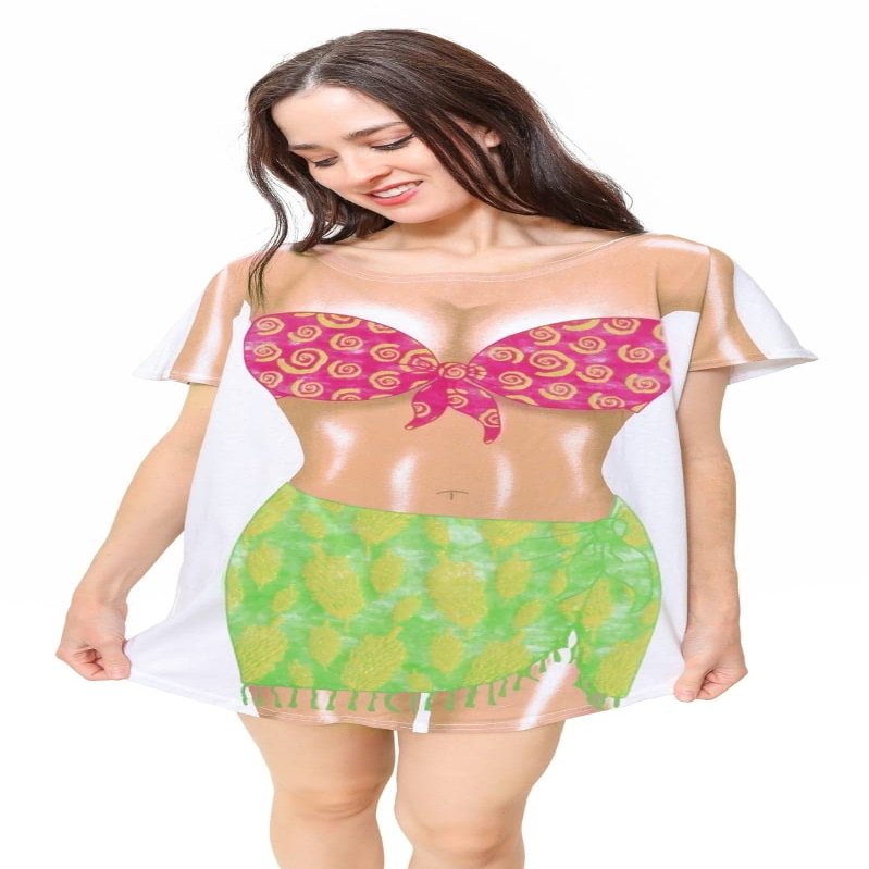 The Original Women's Bikini Shirt - Funny Bikini Print Bathing Suit Cover-up Beach Tshirt Dress for Women Men (Tropical girl, One Size Plus)