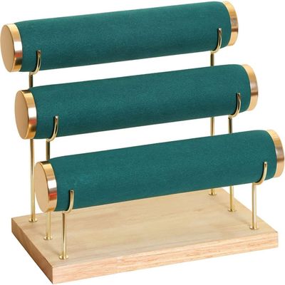 RJ Displays-Velvet Green Detachable Wood Gold Hardware Detachable 3 Tier Bracelet, Watch, Bangle Jewelry Holder Organizer Display Stand. Comes with Micro Fiber Jewelry Cleaning/Polishing Cloth (Green)