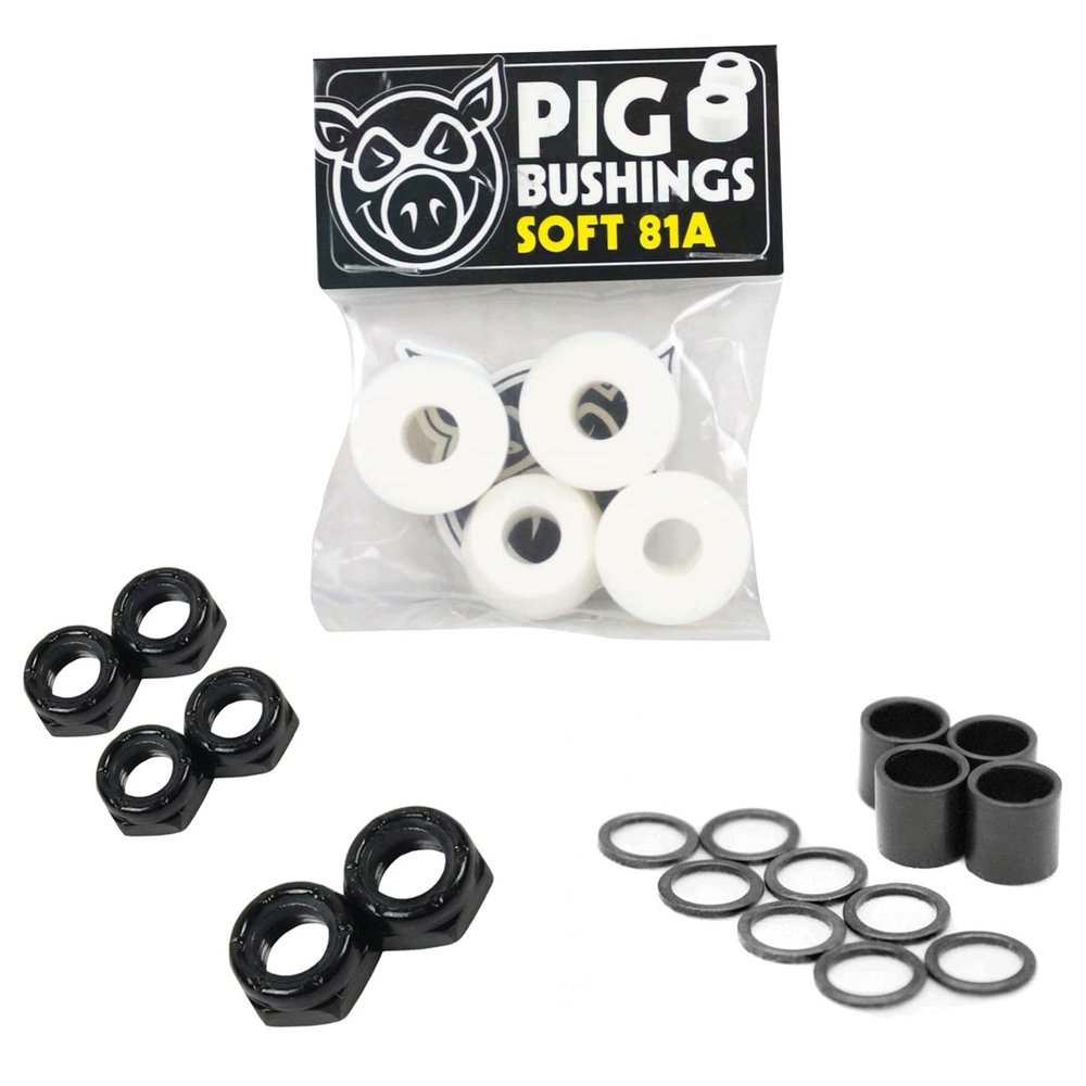 Pig Skateboard Bushings Soft 81A White with Dime Bag Axle, Kingpin Nuts and Speed Kit - Rebuild/Refresh Pack That fits Almost All Skateboard Trucks