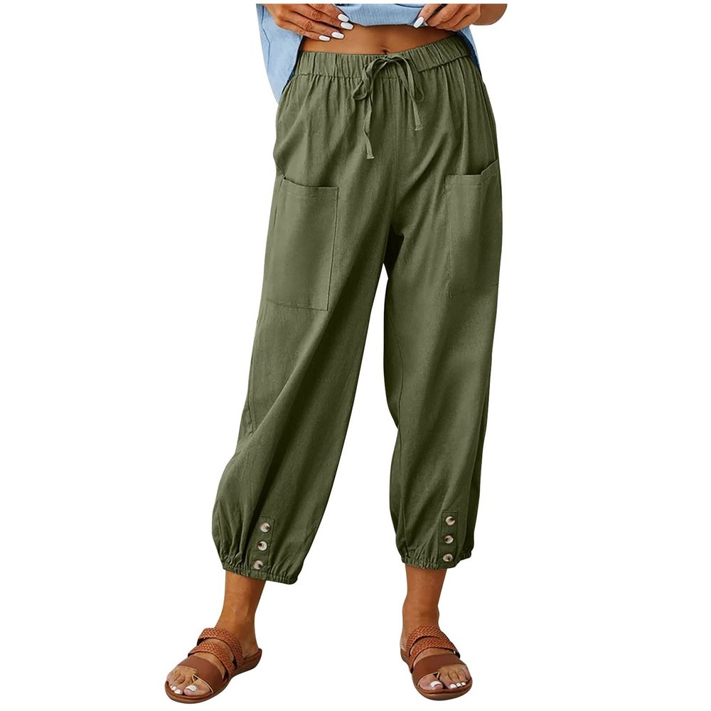 XUNRYAN Capri Pants Women Casual Summer Elastic High Waist Linen Pants Loose Wide Leg Cargo Pants Crop Trouser with Pockets