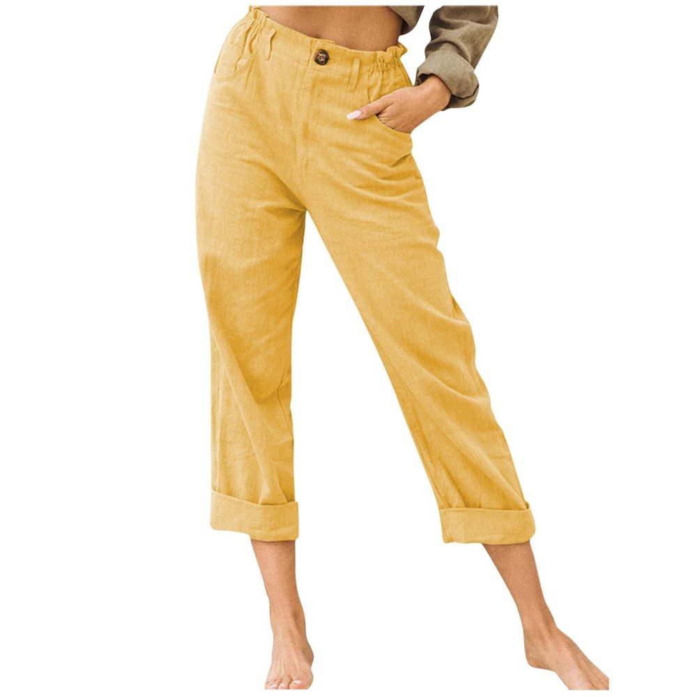 XUNRYAN Capri Pants Women Casual Summer Elastic High Waist Linen Pants Loose Wide Leg Cargo Pants Crop Trouser with Pockets