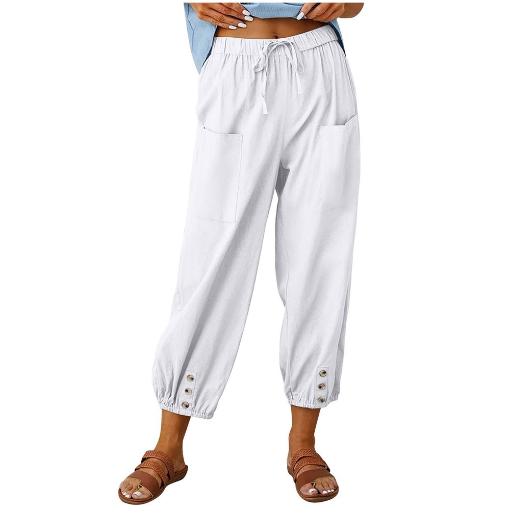 XUNRYAN Capri Pants Women Casual Summer Elastic High Waist Linen Pants Loose Wide Leg Cargo Pants Crop Trouser with Pockets