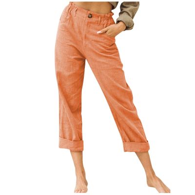XUNRYAN Capri Pants Women Casual Summer Elastic High Waist Linen Pants Loose Wide Leg Cargo Pants Crop Trouser with Pockets