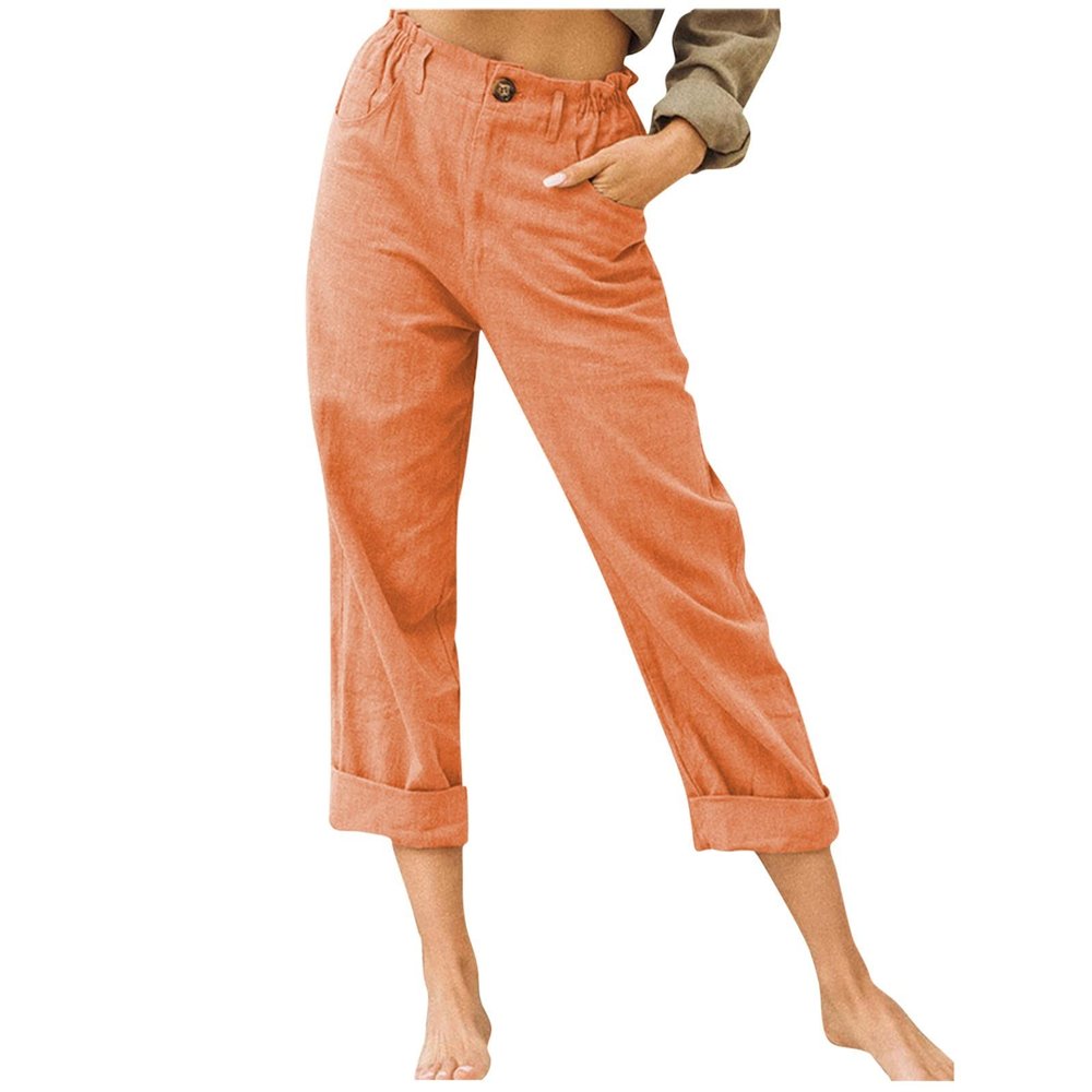 XUNRYAN Capri Pants Women Casual Summer Elastic High Waist Linen Pants Loose Wide Leg Cargo Pants Crop Trouser with Pockets