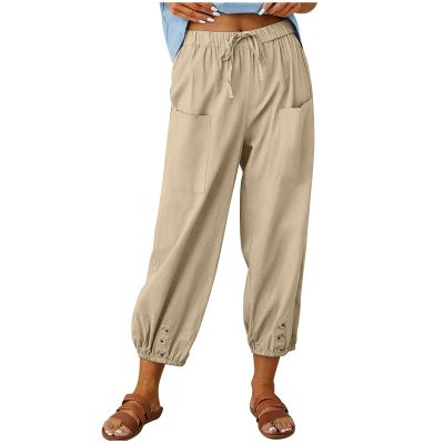 XUNRYAN Capri Pants Women Casual Summer Elastic High Waist Linen Pants Loose Wide Leg Cargo Pants Crop Trouser with Pockets
