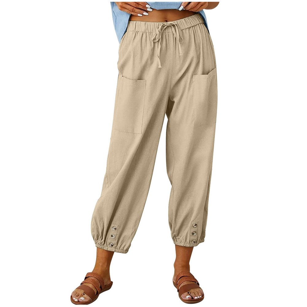 XUNRYAN Capri Pants Women Casual Summer Elastic High Waist Linen Pants Loose Wide Leg Cargo Pants Crop Trouser with Pockets