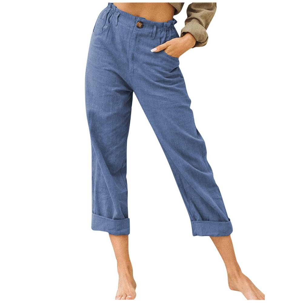 XUNRYAN Capri Pants Women Casual Summer Elastic High Waist Linen Pants Loose Wide Leg Cargo Pants Crop Trouser with Pockets