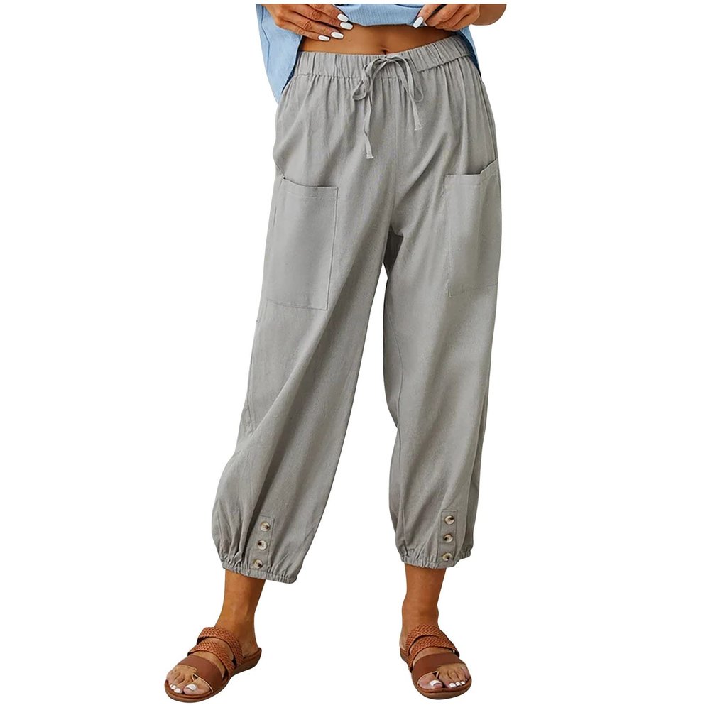 XUNRYAN Capri Pants Women Casual Summer Elastic High Waist Linen Pants Loose Wide Leg Cargo Pants Crop Trouser with Pockets