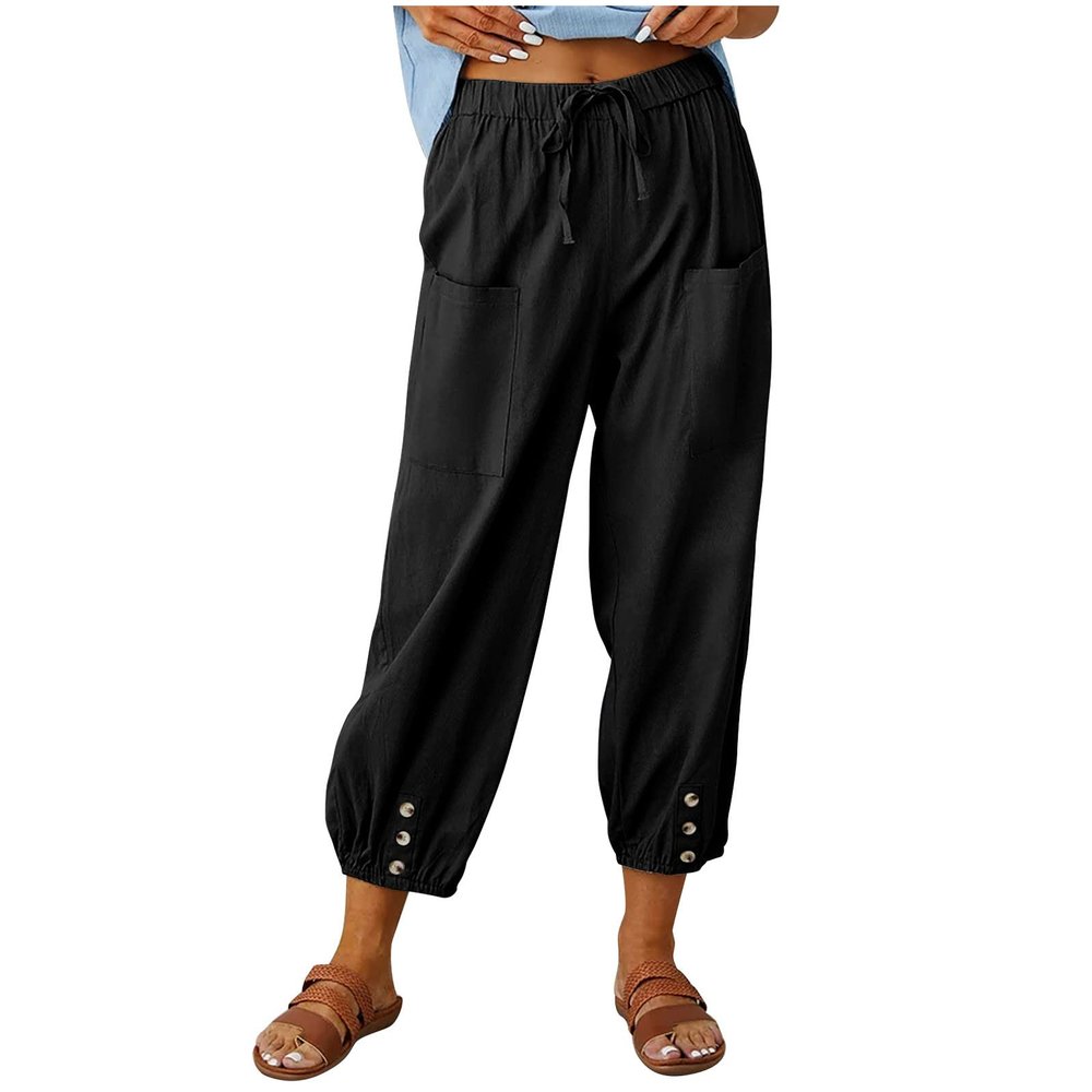 XUNRYAN Capri Pants Women Casual Summer Elastic High Waist Linen Pants Loose Wide Leg Cargo Pants Crop Trouser with Pockets