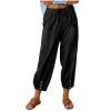 XUNRYAN Capri Pants Women Casual Summer Elastic High Waist Linen Pants Loose Wide Leg Cargo Pants Crop Trouser with Pockets view 1