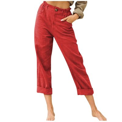 XUNRYAN Capri Pants Women Casual Summer Elastic High Waist Linen Pants Loose Wide Leg Cargo Pants Crop Trouser with Pockets