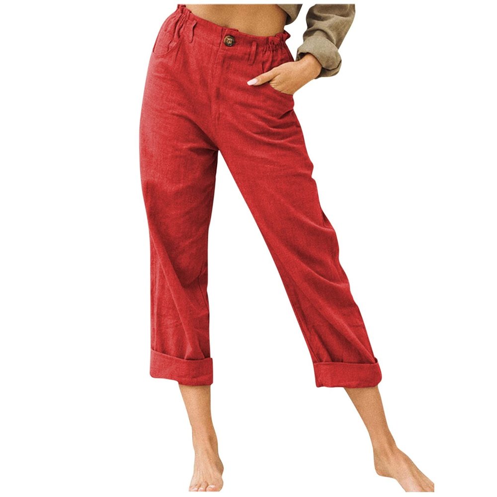 XUNRYAN Capri Pants Women Casual Summer Elastic High Waist Linen Pants Loose Wide Leg Cargo Pants Crop Trouser with Pockets