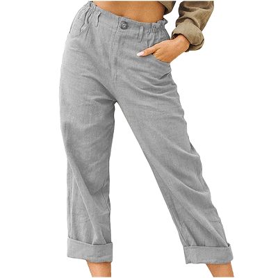 XUNRYAN Capri Pants Women Casual Summer Elastic High Waist Linen Pants Loose Wide Leg Cargo Pants Crop Trouser with Pockets
