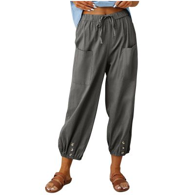 XUNRYAN Capri Pants Women Casual Summer Elastic High Waist Linen Pants Loose Wide Leg Cargo Pants Crop Trouser with Pockets