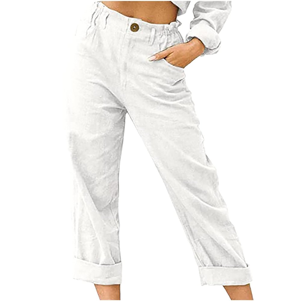 XUNRYAN Capri Pants Women Casual Summer Elastic High Waist Linen Pants Loose Wide Leg Cargo Pants Crop Trouser with Pockets