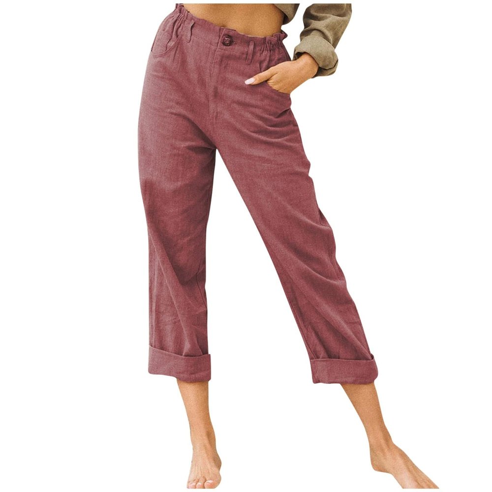 XUNRYAN Capri Pants Women Casual Summer Elastic High Waist Linen Pants Loose Wide Leg Cargo Pants Crop Trouser with Pockets