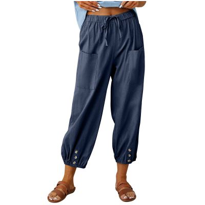 XUNRYAN Capri Pants Women Casual Summer Elastic High Waist Linen Pants Loose Wide Leg Cargo Pants Crop Trouser with Pockets