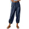 XUNRYAN Capri Pants Women Casual Summer Elastic High Waist Linen Pants Loose Wide Leg Cargo Pants Crop Trouser with Pockets view 1