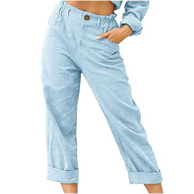XUNRYAN Capri Pants Women Casual Summer Elastic High Waist Linen Pants Loose Wide Leg Cargo Pants Crop Trouser with Pockets