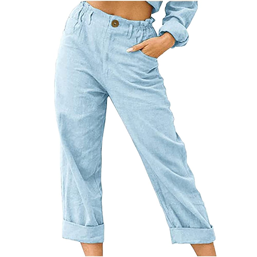 XUNRYAN Capri Pants Women Casual Summer Elastic High Waist Linen Pants Loose Wide Leg Cargo Pants Crop Trouser with Pockets