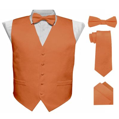 Vittorio Farina Solid Color Satin Suit Vest for Men Set of 4 - Vest, Tie, Bow Tie & Pocket Square (Burnt Orange)