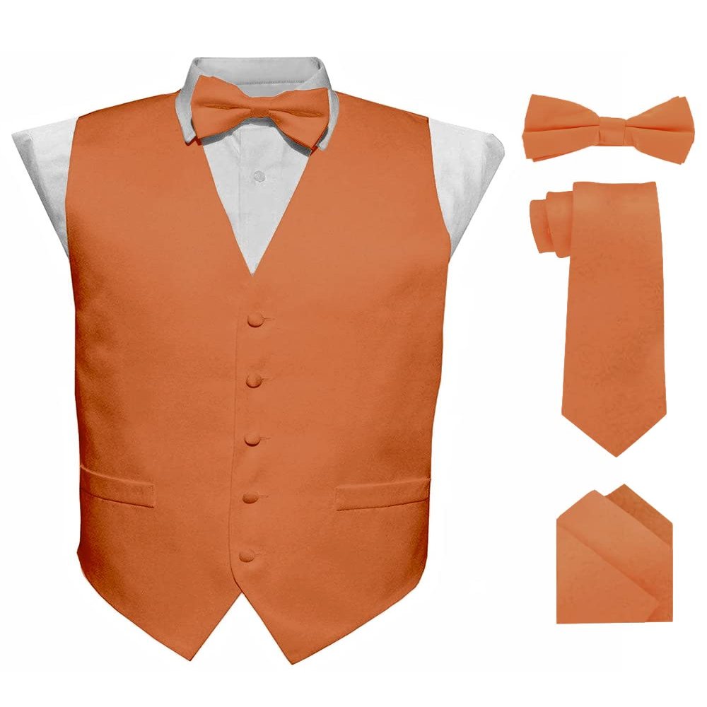 Vittorio Farina Solid Color Satin Suit Vest for Men Set of 4 - Vest, Tie, Bow Tie & Pocket Square (Burnt Orange)