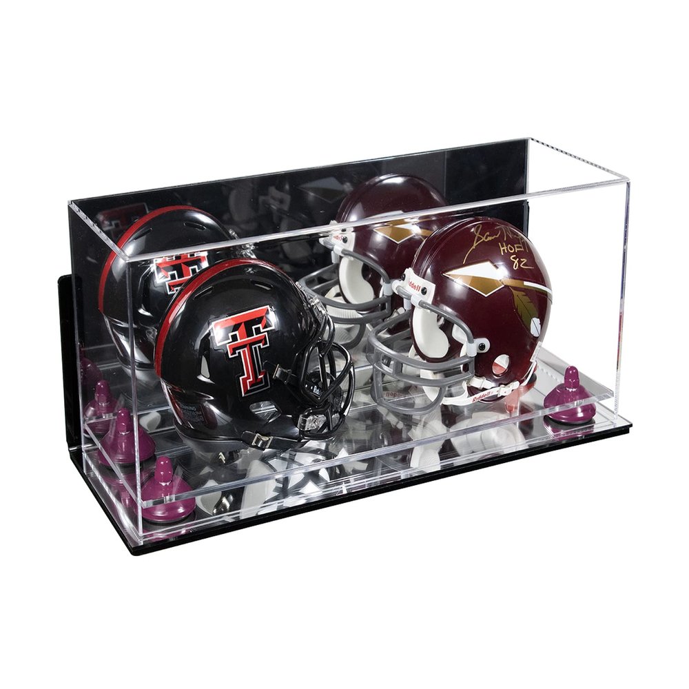 Better Display Cases Acrylic 2 Mini Football Helmet (not Full Size) Display Case with Mirror Case, Purple Risers Wall Mount and Mirror Base 17" x 6" x 7" (A019/V46)